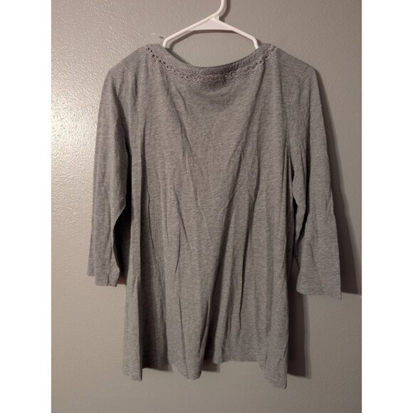 J Jill Gray Lace Trim V-Neck 3/4 Sleeve Top Size M Cotton Modal Soft Casual - Picture 3 of 5